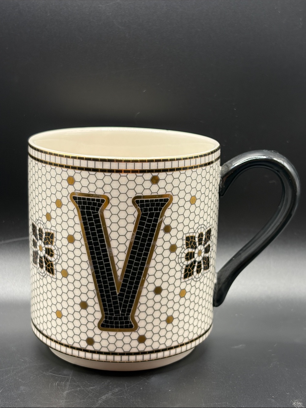 Anthropologie Bistro Tile Stoneware Monogram Initial Letter V Mug Cup Drinkware